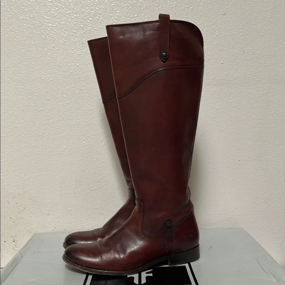 FRYE MELISSA BUTTON INSIDE ZIP COGNAC DISTRESSED LEATHER RIDING BOOT - Picture 2 of 10